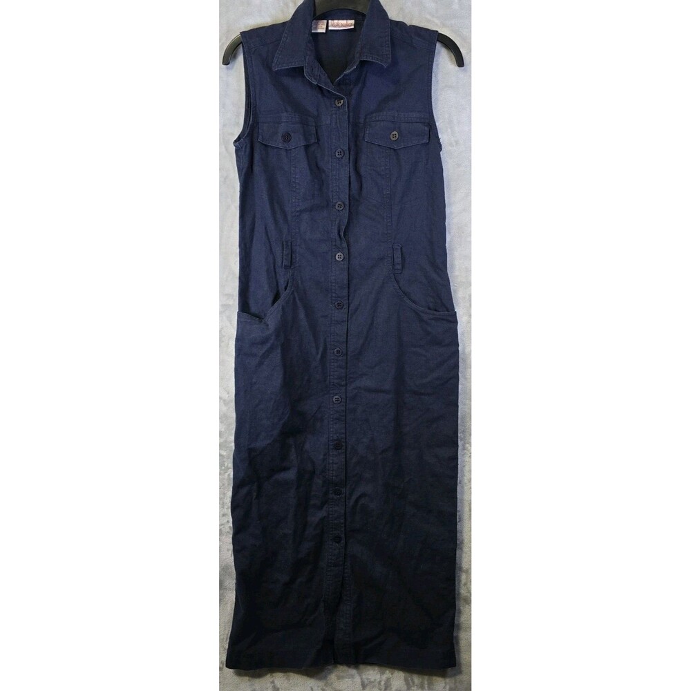 Rafella Button Up Dress Linen Cotton Womens 10P Navy Blue Pockets Belt Loops